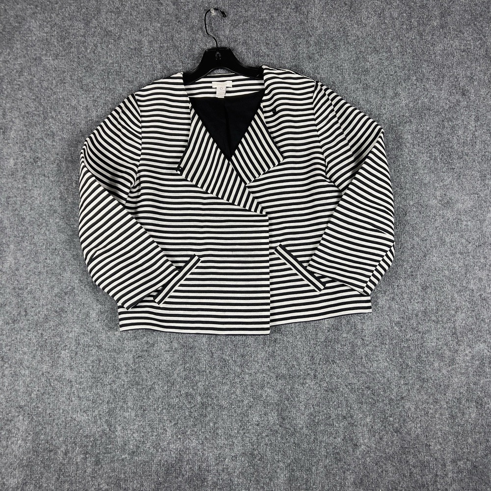 Chicos Womens Size 0 Black White Striped Open Front Jacket Career Casual Blazer